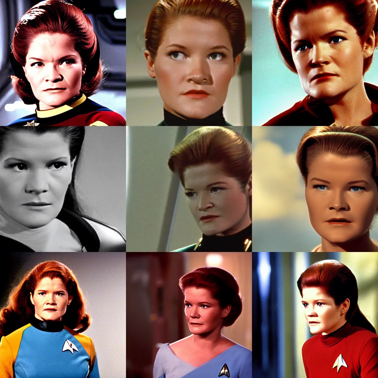 Prompt: tv still of young captain janeway in star trek voyager ( 1 9 6 5 ) 4 k remaster