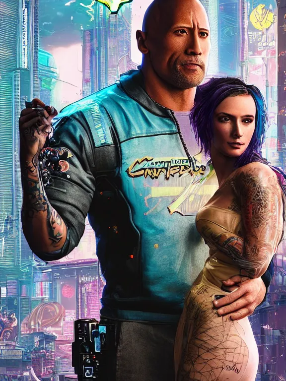 Prompt: a cyberpunk 2077 wedding portrait of Dwayne Johnson holding a female android,complex mess of cables and wires behind them connected to giant computer, love,film lighting, by laurie greasley,Lawrence Alma-Tadema,William Morris,Dan Mumford, trending on atrstation, full of color,face enhance, highly detailed,8K, octane,golden ratio,cinematic lighting