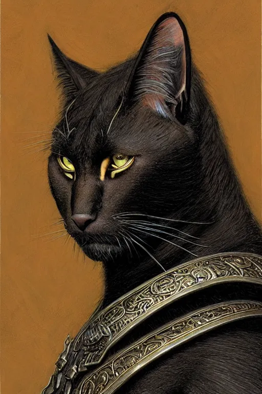 Image similar to head and shoulders portrait of a warrior, tabaxi, black cat, male, breastplate, magical, high fantasy, d & d, by donato giancola, face details, extremely detailed, digital illustration
