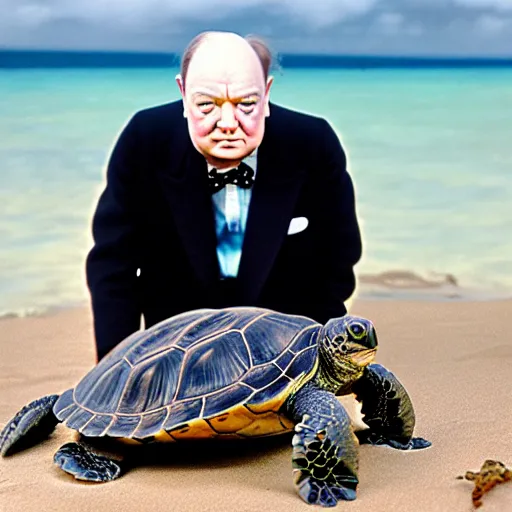 Prompt: An astonished Winston Churchill discovers the first turtle ever in Galapagos, national geographic, BBC, XF IQ4, f/1.4, ISO 200, 1/160s, 8K, RAW, unedited, face retouched