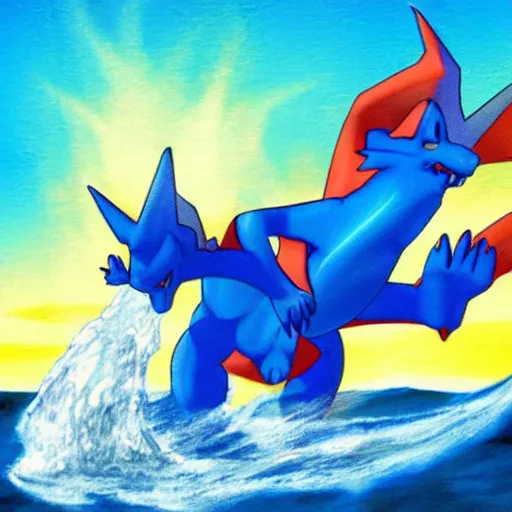 Image similar to a blue Charizard with water powers,realistic,ocean background