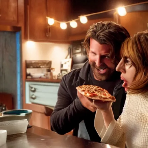 Prompt: a movie still of lady gaga feeding bradley cooper a slice of pizza from a star is born