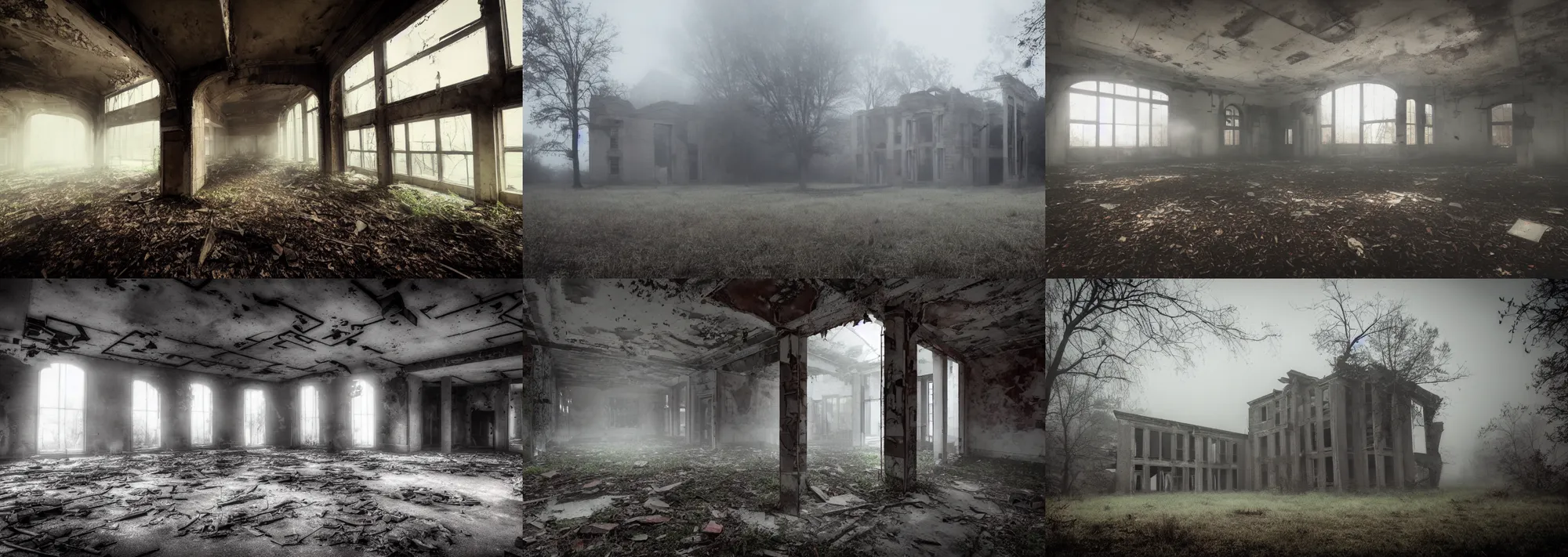 Prompt: abandoned school ruins, overcast, creepy, scary, cinematic, volumetric lighting, foggy