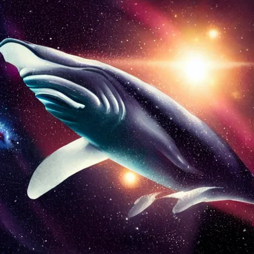 Image similar to portrait of whale swimming on a dark night sky in space, flying across the universe, galaxies, oniric, dreamy, beautiful, highly detailed, realistic, cinematic, dynamic composition