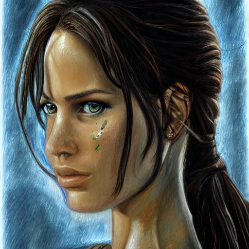 Image similar to Lara Croft detailed headshot Portrait, painting drawn by HR Giger