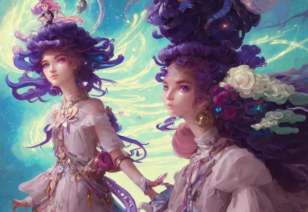 Image similar to close up picture of an maximalist dress magical girl, neat hair with bangs, smug face, extremely beautiful and aesthetic and detailed cute face and eyes, wipe out evils with cute astronaut familiar sprites, aming the magical beams to the camera, chiaroscuro, intricate, masterpiece, epic fantasy illustrations by peter mohrbacher and anato finnstark and jeremy lipking