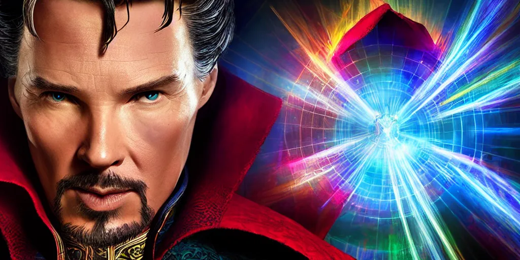 Prompt: doctor strange combined with waya steurbaut hero combination rainbow glowing suite high resolution film render 100k, photo realistic, epic, colourful close up shot