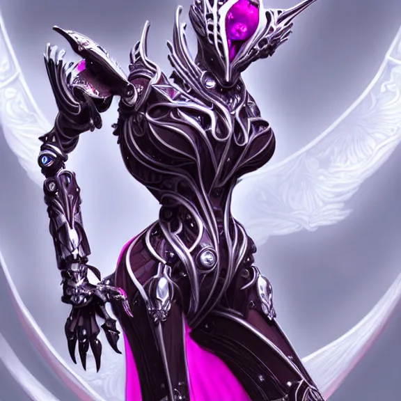 Image similar to highly detailed exquisite fanart, of a beautiful female warframe, but as an anthropomorphic elegant robot dragon, shiny white silver plated armor engraved, robot dragon head, Fuchsia skin beneath the armor, sharp claws, long tail, robot dragon hands and feet, two arms and legs, elegant pose, close-up shot, full body shot, epic cinematic shot, professional digital art, high end digital art, singular, realistic, DeviantArt, artstation, Furaffinity, 8k HD render, epic lighting, depth of field