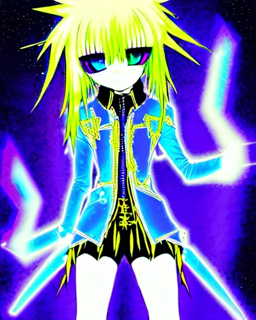 Image similar to a hologram of rimuru tempest with golden yellow eyes and sky blue hair, wearing a gothic spiked jacket, holography, irridescent, baroque visual kei decora art