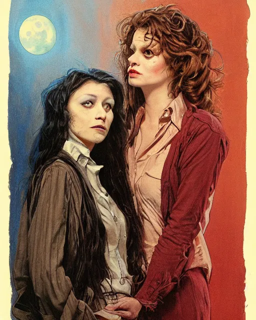 Prompt: two beautiful but creepy women wearing oxford button down shirts in layers of fear, with haunted eyes and wild hair, 1 9 7 0 s, seventies, wallpaper, a little blood, moonlight showing injuries, delicate embellishments, painterly, offset printing technique, by john howe, brom, robert henri, walter popp