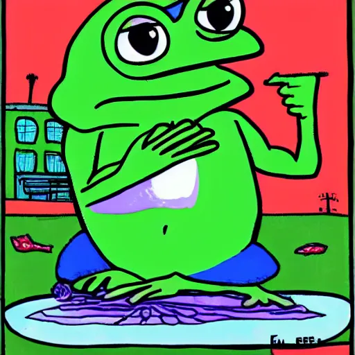 Image similar to pepe the frog under heatwave, drawn by Matt Furie