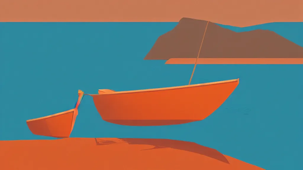 Prompt: a pale orange boat floating on top of a body of water, a vintage poster screenprint by Tom Whalen, behance contest winner, australian tonalism, pale gradients design, matte drawing, outrun, low poly