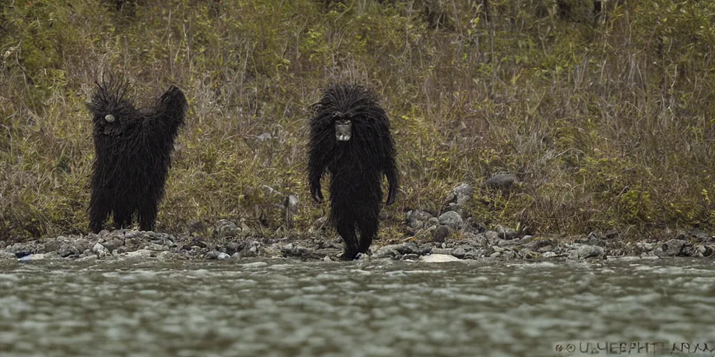 Prompt: hairy evil cryptid standing in an alaskan river at night, flash light, long lens, telephoto, Monster