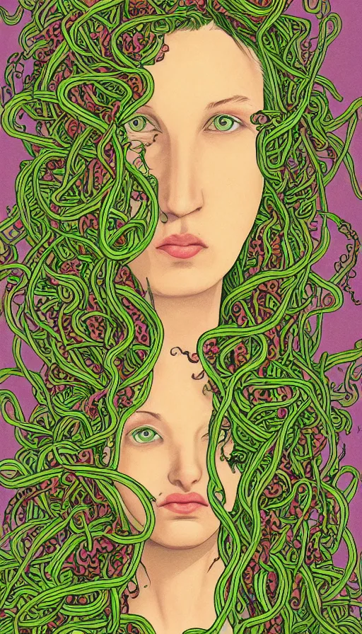 Image similar to very detailed portrait of a 2 0 years old girl surrounded by tentacles, the youg woman visage is blooming from fractal and vines, by wes anderson,