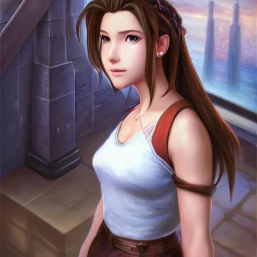 Image similar to portrait of aerith!!!!!!!!! from final fantasy vii, matte painting, ultra realistic, highly detailed, sharp focus, cinematic lighting, mood lighting, realistic, vivid colors, painting, photorealistic, digital art, non blurry, sharp, smooth, illustration