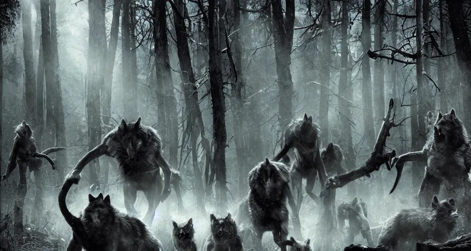 Image similar to an epic action concept masterpiece of a rabid wolfpack, in a forest made of nightmares, horrific digital art, extremely moody lighting, style of chippy