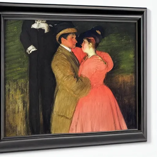 Prompt: a man standing next to a woman by mary cassatt