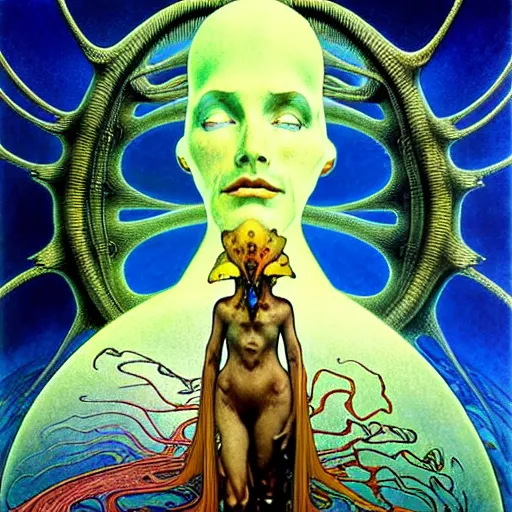 Image similar to realistic extremely detailed portrait painting of a ghost silhouette, futuristic sci-fi landscape on background by Jean Delville, Amano, Yves Tanguy, Alphonse Mucha, Ernst Haeckel, Edward Robert Hughes, Roger Dean, rich moody colours, blue eyes