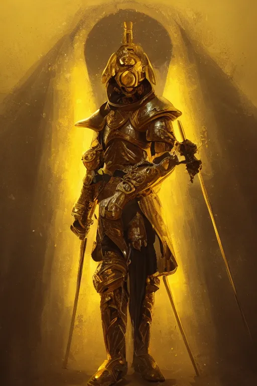 Prompt: A fancy portrait of a yellow medieval Holy Knight by Greg Rutkowski, Sung Choi, Mitchell Mohrhauser, Maciej Kuciara, Johnson Ting, Maxim Verehin, Peter Konig, 8k photorealistic, cinematic lighting, HD, high details, dramatic, trending on artstation