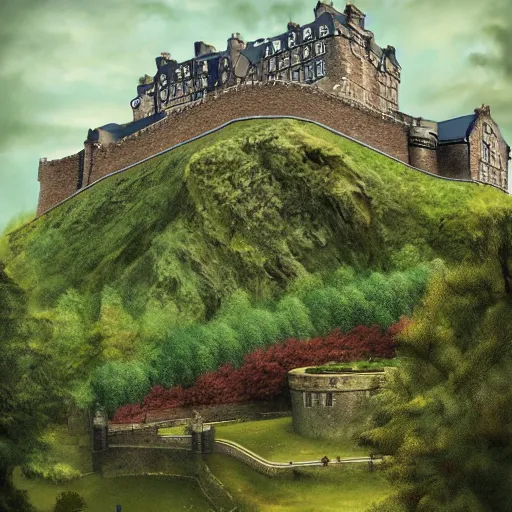 Image similar to a beautiful digital graphics design portrait of Edinburgh castle in Edinburgh. Edinburgh gardens overgrown with plants, caledonian forest, matte painting, fantasy art, highly detailed