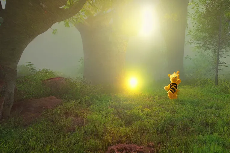 Image similar to winnie the pooh flying inside ufo above forest, unreal engine, volumetric light