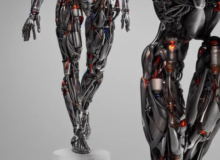 Image similar to a sculpture of full body anatomical cyborg, detailed face, studio lighting