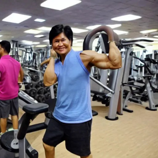 Image similar to A very muscular BongBong Marcos flexing in the gym