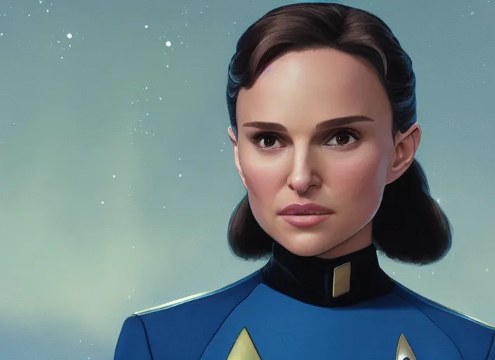 Image similar to a disney film still of natalie portman as a star trek officer, finely detailed features, closeup of the face, perfect art, dusk, blue hour, gapmoe yandere grimdark, trending on pixiv fanbox, painted by greg rutkowski, makoto shinkai, takashi takeuchi, alphonse mucha, akihiko yoshida