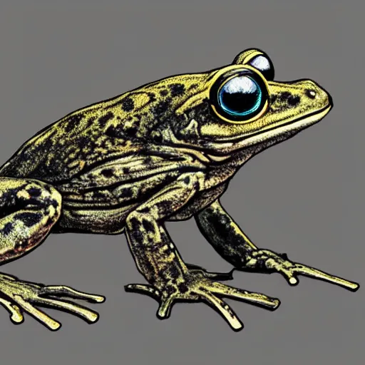 Image similar to cyberpunk frog, concept art, colorized pencil, highly detailed, Akihiko Yoshida