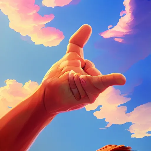 Image similar to a hand reaching out to another hand, behance hd by jesper ejsing, by rhads, makoto shinkai and lois van baarle, ilya kuvshinov, rossdraws global illumination ray tracing hdr radiating a glowing aura