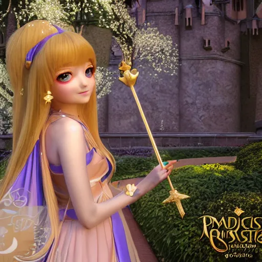 Image similar to a very detailed, ultra-realistic, pleasant, beautiful, funny, smooth 3D CG render, semirealistic anime style, close-up of a gorgeous, cute, gentle, noble priestess magician princess girl wearing dress and jewelry, in a glorious magic kingdom with castle and walls, relaxing calm vibes, fairytale, octane render