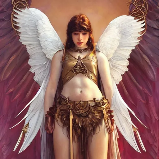 Image similar to portrait of young aasimar angel girl maiden wearing comfy leather armor with beautiful feathered angel wings, brown eyes, by artgerm and greg rutkowski and alphonse mucha and andrei riabovitchev and Rossdraws and Bluesssatan and Mandy Jurgens and Stjepan Sejic, 4k oil on linen, vivid colors, colorful, photorealistic, high dynamic range, HDR, intricate, elegant, highly detailed, digital painting, artstation, concept art, smooth, sharp focus, illustration, mid-shot, medium shot, hyperdetailed