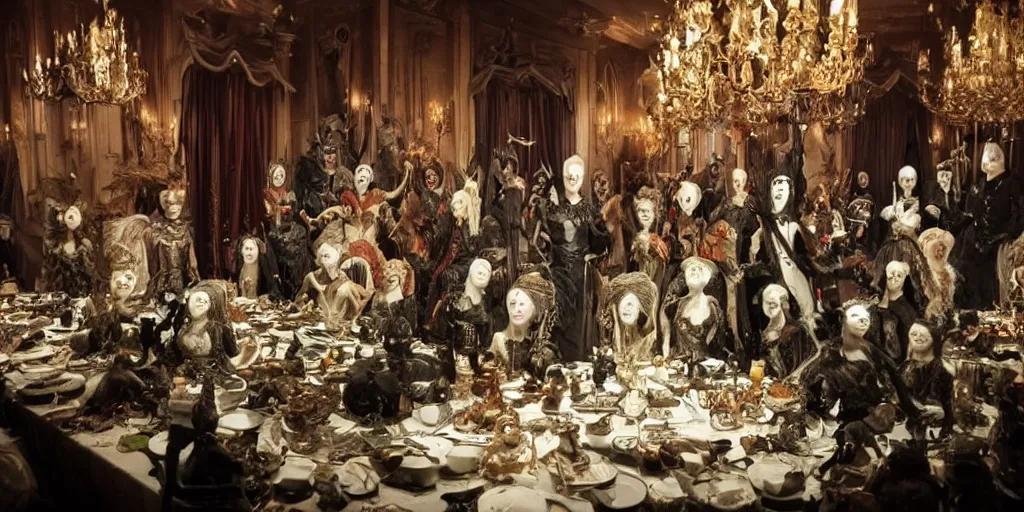 Image similar to photo taken of an epic intricate, ultra detailed, super realistic stop motion puppets of a majestic gracious regal aristocratic vampires in an indoor banquet hall filmset created by weta workshop directed by tim burton, menacing, wide angle, moody full body shot, photorealistic, sharp focus, gloomy, extremely cold blueish colour temperature, 3 5 mm, f 1. 4