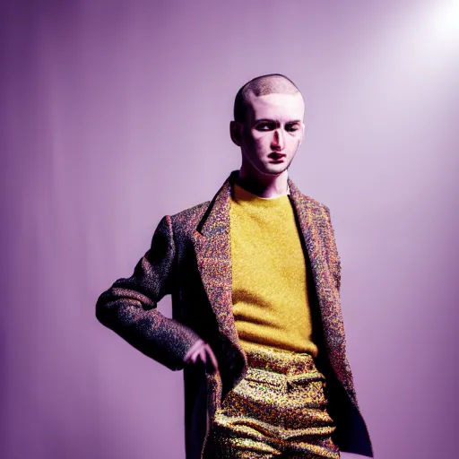 Prompt: un ultra high definition fashion editorial photographic portrait of a designer standing in their unique london art studio wearing all eclectic clothes. wide angle. three point light. golden hour, golden ratio, ray tracing, volumetric light and shadow, shallow depth of field.