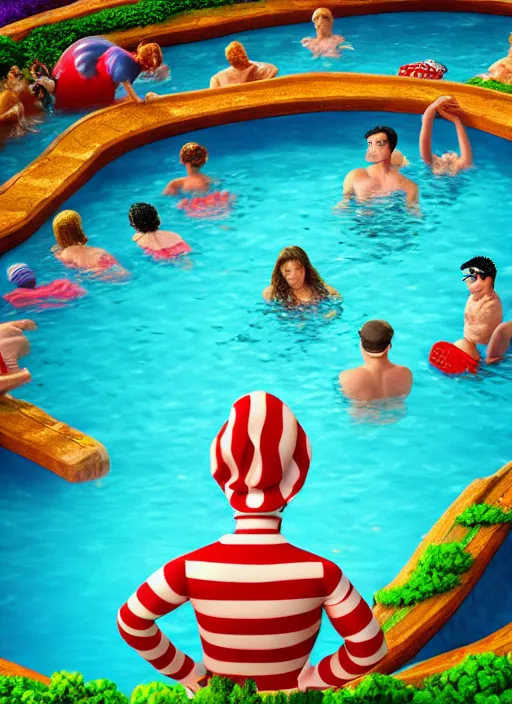 Prompt: intricate Waldo from Where's Waldo, in the water, on the background of a weird magical swimming pool. Very detailed 8k. Fantasy. Sharp. Cinematic post-processing