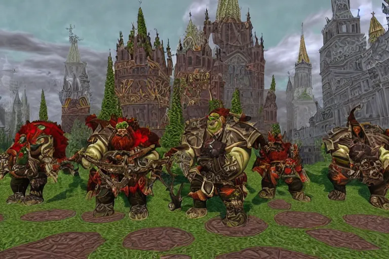 Image similar to moscow in style of warcraft orgrimmar, ork village, green and red orcs in modern camouflage