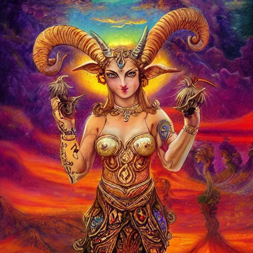 Image similar to horned ram goddess by josephine wall, checking her cell phone, erupting volcano and sunset in distance, flowers in foreground, trending on artstation, by senior concept artist, fantasy, zodiac, 8 k