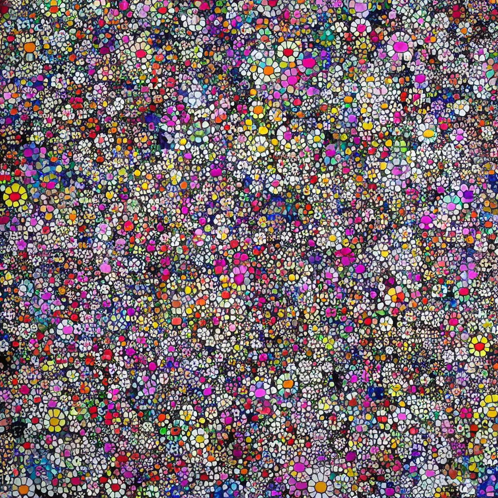 Prompt: camouflage made of flowers, style of takashi murakami, abstract, rei kawakubo artwork, cryptic, dots, stipple, lines, splotch, color tearing, pitch bending, color splotches, dark, ominous, eerie, minimal, points, technical, old painting