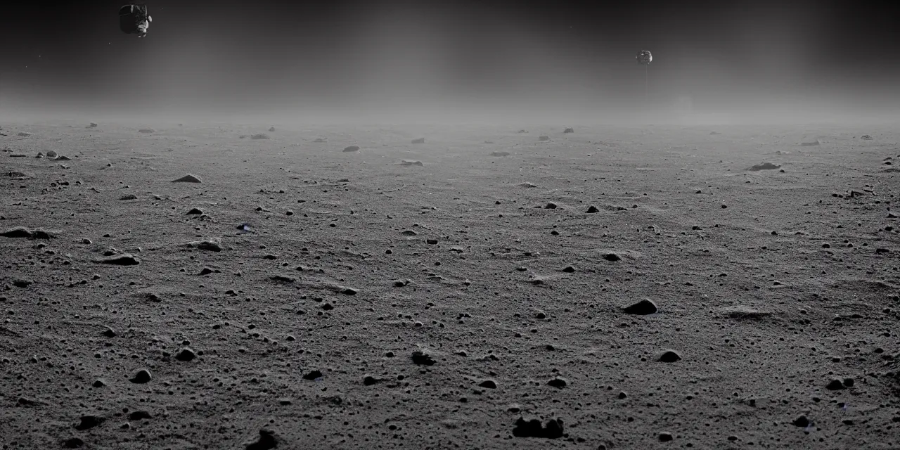 Image similar to closeup black and white photo from the surface of the moon, cinematic film still, glowing landing lights on spaceship landing on, stars and space in the background, fog and dust