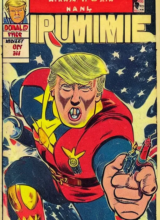 Image similar to vintage comic book cover of donald trump as a space marine from warhammer 4 k