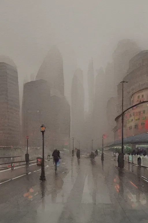 Image similar to A watercolor depicting an empty Shanghai Bund, gloomy weather, high contrast, smooth, by Joseph Zbikowicz, 8k