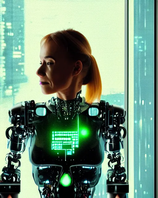 Image similar to a terminator cyborg lady with borg implants is drinking coffee near a window with dystopian city visible outside. tiny green led lights in her cybernetics. very detailed 8 k. horror cyberpunk style.