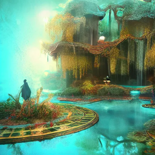 Image similar to beautiful symmetrical an old silent pond angels jump into the pond splash! silence again, surrounded by machine axonometric fantasy intricate elegant highly detailed in volumetric void of latent space lush flowers surround, realm of the gods golden turquoise steampunk, high contrast cinematic light, mystical shadows, octane render, photographic, concept art, art high renaissance art, unreal engine 8 k