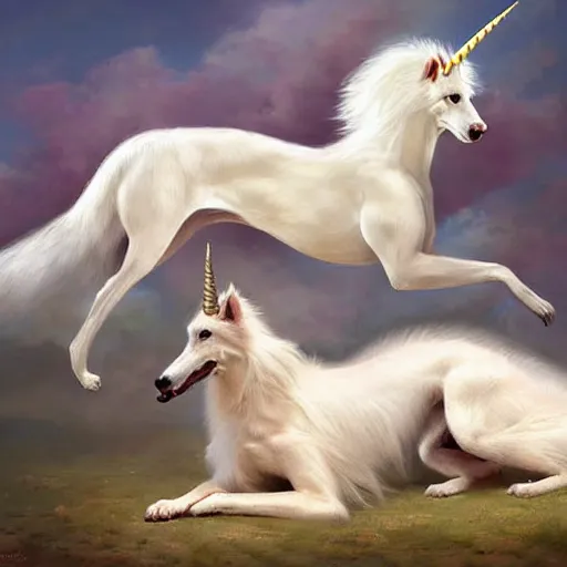 Prompt: a fantasy painting of a hybird of a borzoi and unicorn, borzoi chimera, realistic animal painting, by wlop and krenz cushart