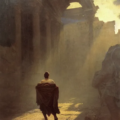 Prompt: half portait of magican wearing a cowl reading big old book! while walking, jeremy mann, jean leon gerome, tiepolo, alphonse mucha, greg rutkowski, face in the shadows, ( ( ruins of ancient rome ) ), at dusk, mysterious atmosphere, sunrays, dof, masterpiece, high detailed, 8 k