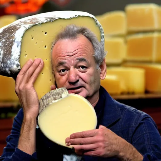 Prompt: bill murray eating a large wheel of cheese,