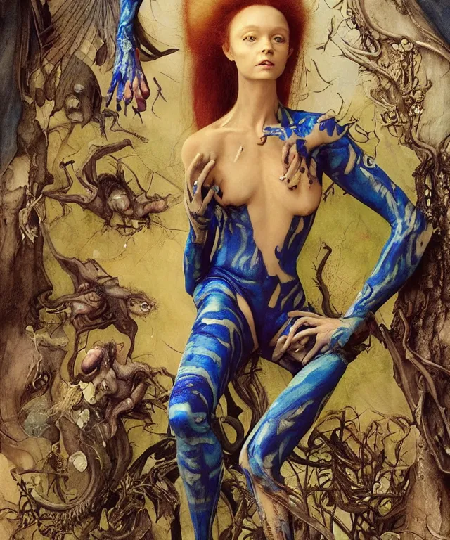 Prompt: a portrait photograph of a blue skinned harpy succubus with slimy skin being transformed into a beautiful alien. she looks like sadie sink and is wearing a colorful infected sleek organic catsuit. by donato giancola, hans holbein, walton ford, gaston bussiere, peter mohrbacher and brian froud. 8 k, cgsociety, fashion editorial