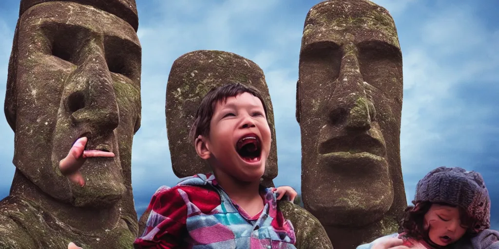Prompt: hyper realistic giant moai eating half of a kid after opening a christmas pressent. wide angle shot. render 5. octane render.