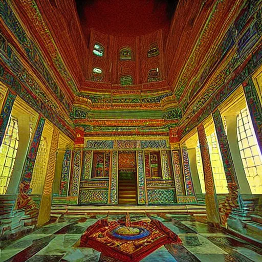 Prompt: inside a majestic, highly detailed beautiful very tall temple by raghu rai, light rays, rayleigh scattering