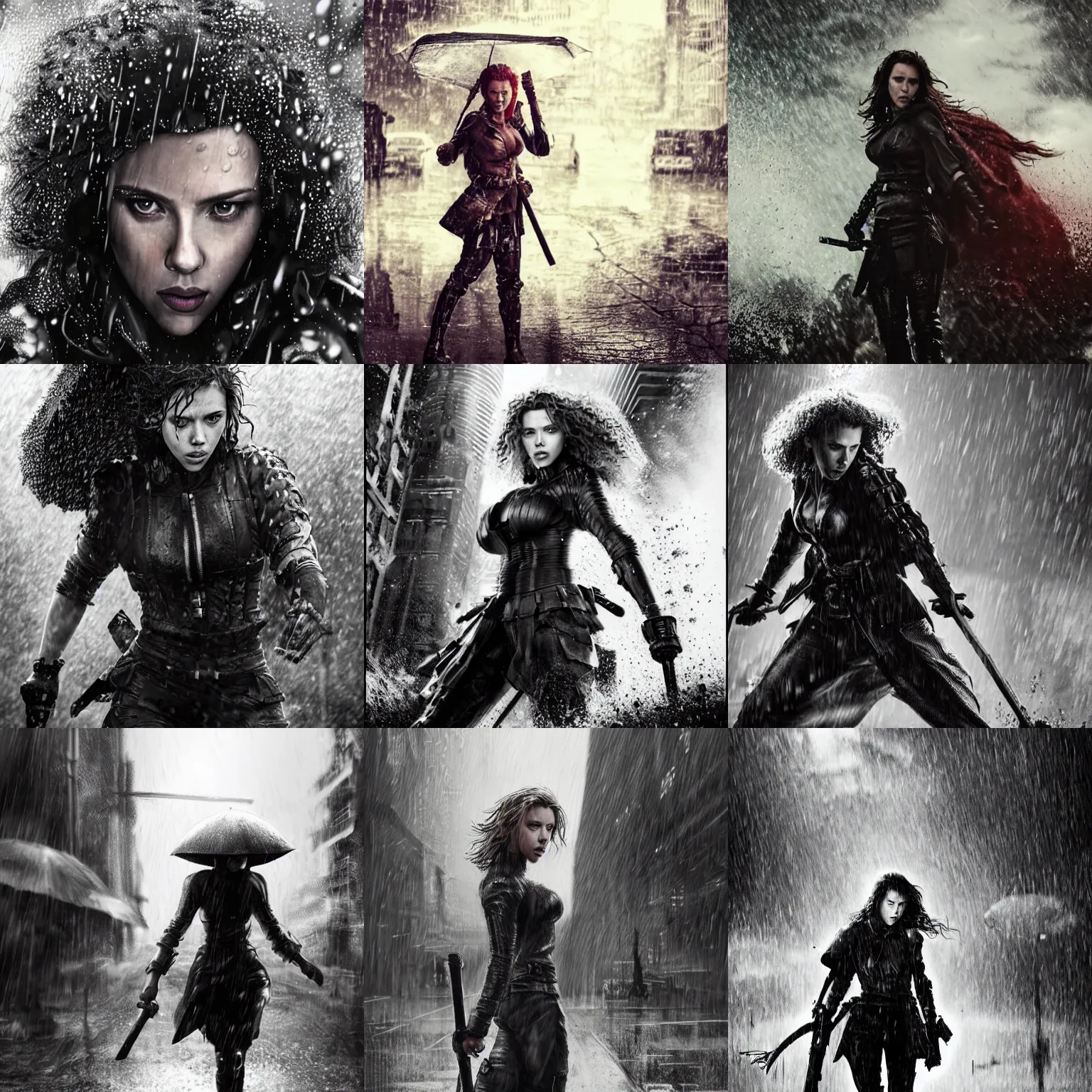 Prompt: scarlett johansson with angry expression wearing wet armour in pouring rain. depth of field effect, full body pose, dramatic lighting, afro samurai anime style, pencil and ink manga drawing, in a post apocalyptic city street